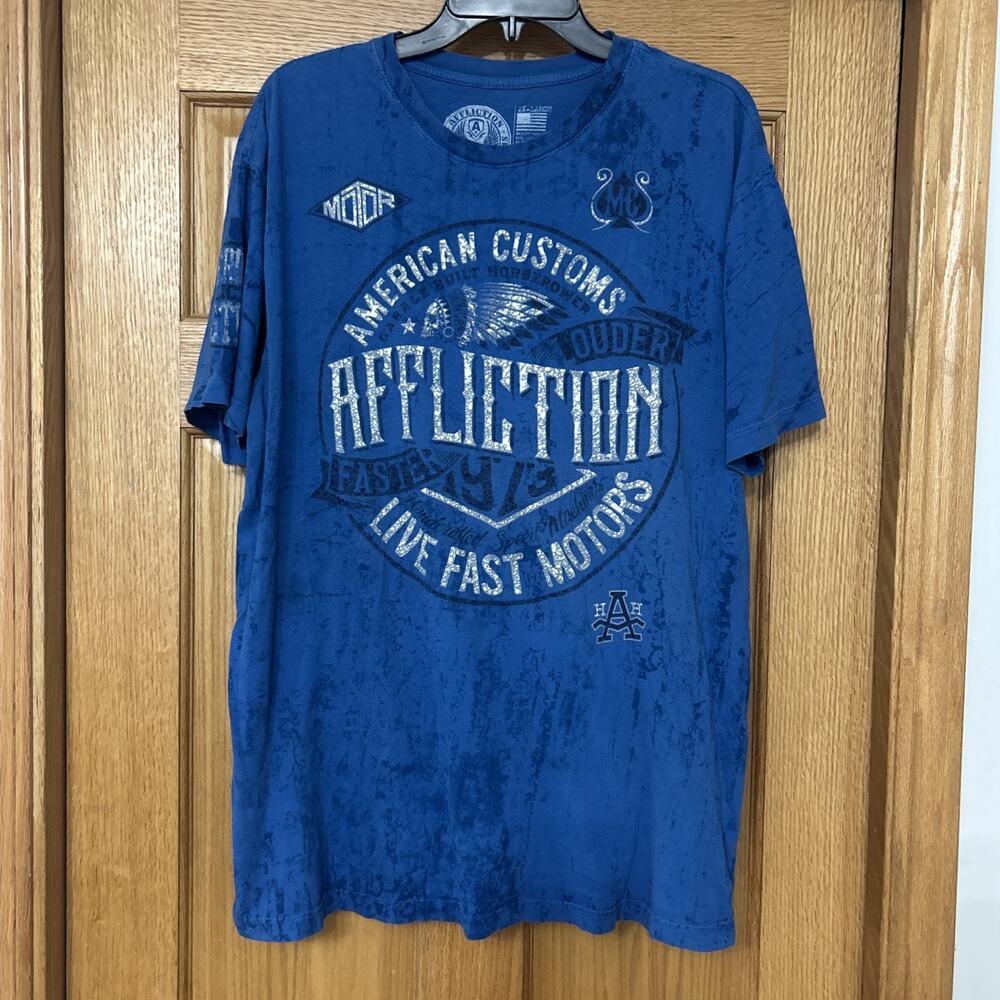 Affliction Tshirt Mens 2XL Blue Biker Grunge Preppy Y2K Skull Native American